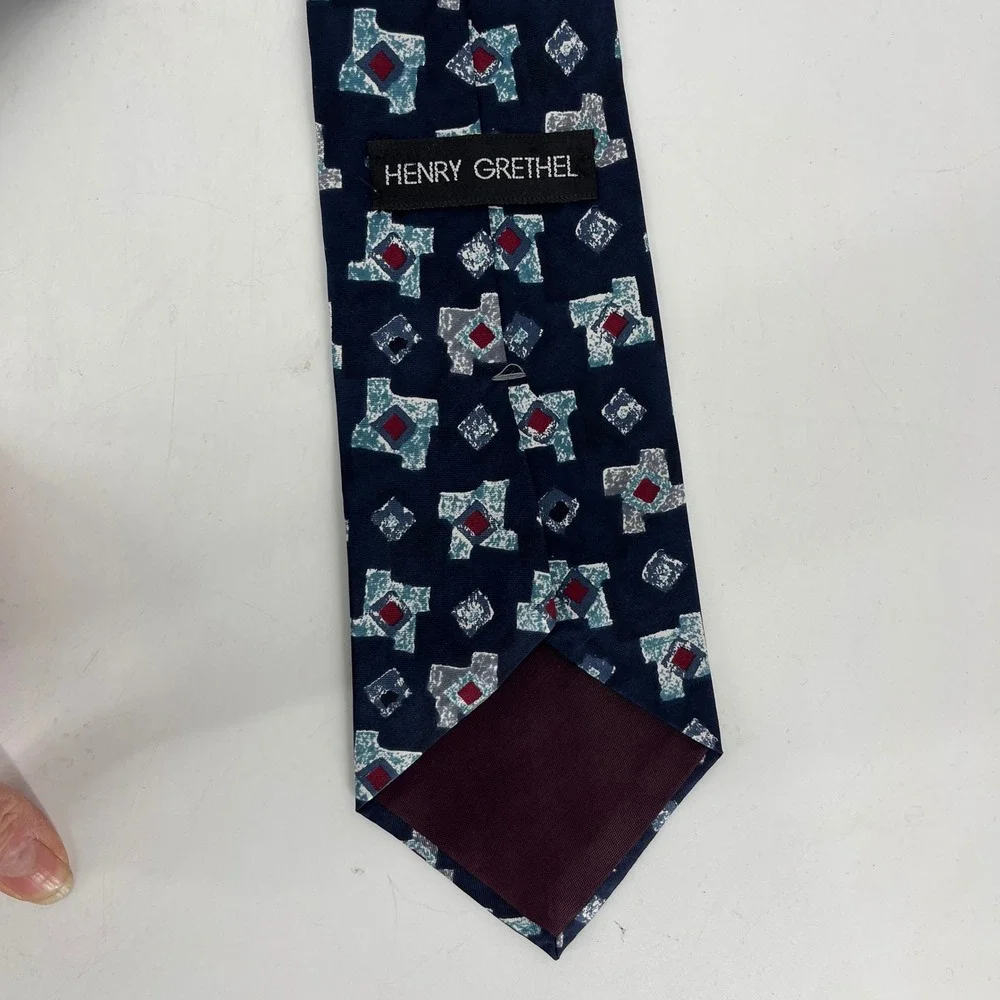 Henry Grethel Men's Silk Tie Blue Geometric Pattern Italian Silk 4 x‎ 53